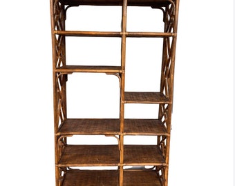 Vintage Rattan Chinoiseries Tall Shelf, West Indies Style Display Shelf, Large Rattan Bookshelf, Vintage Rattan Etagere, Rattan Room Divider