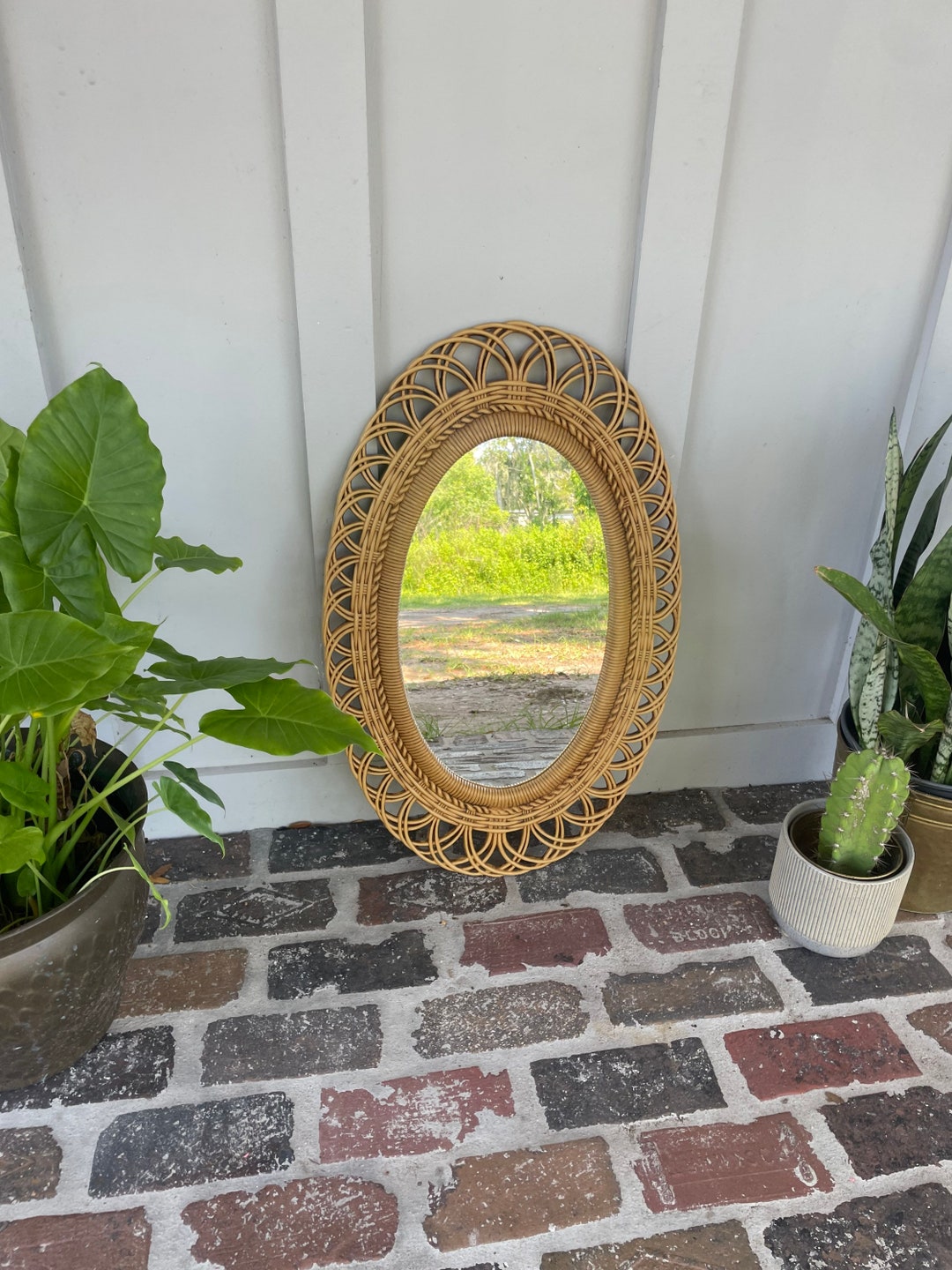 Vintage Wicker Oval Mirror, Entry Mirror, Small Oval Wicker Mirror