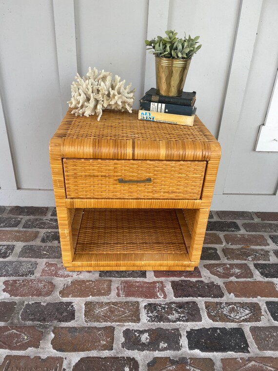 Vintage Wicker Night Stand Pencil Reed Side Table Rattan Etsy