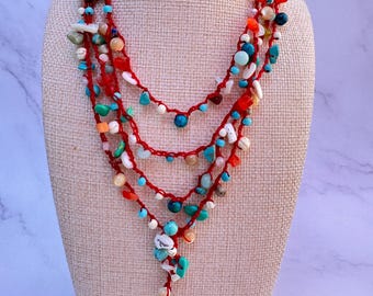Boho Red Cord Necklace - Layered Turquoise, Coral & Shell Beads