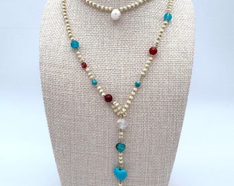 Boho Y Drop Beaded Necklace, Turquoise Heart Layered Jewelry