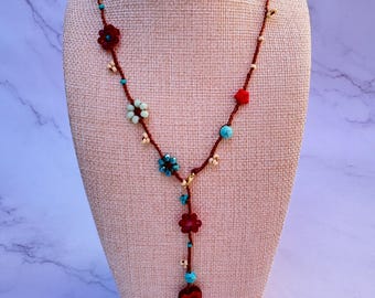 Handmade Boho Lariat Necklace – Brown Cord, Red Heart & Flower