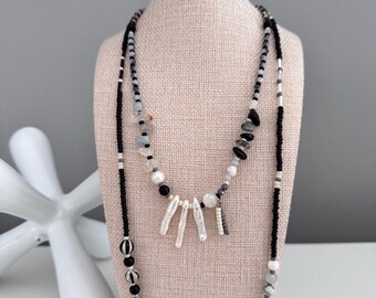 Monochromatic Beaded Necklaces, Black White Gray Boho Chic Jewelry