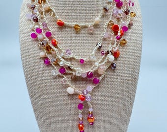 Boho Crochet Wrap Necklace: Glass & Stone Beads