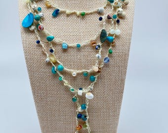 Crochet Glass Bead Necklace Freshwater Pearl Boho Jewelry