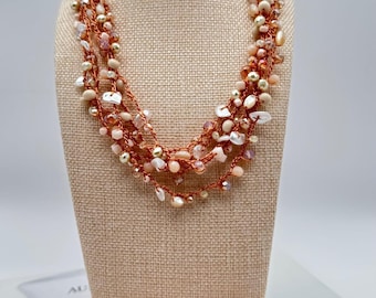 Ivorys tones and pale rose Crystal  Gemstone Multi-Strand Crochet Collar- Boho Necklace