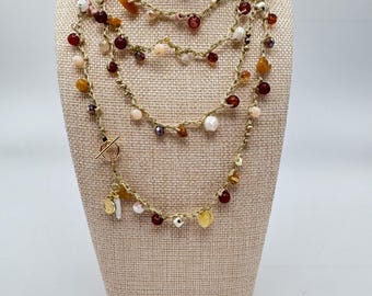 Boho Crochet Beaded Necklace Brown, Ivory and Red Glass & Stone Beads, Handmade Wrap Jewelry