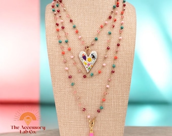 Handmade Crochet Gold Thread Necklace – Czech Beads, Boho Heart Pendant