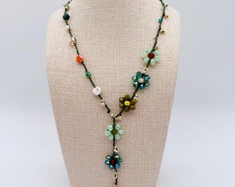 Boho Beaded Flower Necklace, Handmade Y Drop Statement Jewelry