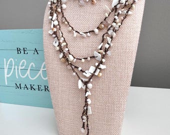Long Shell Beaded Necklace, Multi Layer Boho Wrap Necklace