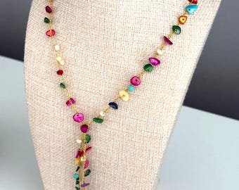 Crochet Gold Thread Lariat Necklace – Handmade Colorful Gemstone Boho Necklace, Multicolor Statement Jewelry, Gift for Her