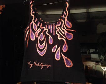 Hand Painted Black Singlet Top with Copper and Purple Pattern Gorgeous Original Design. Medium