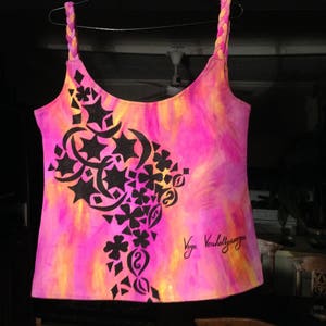 Hand Made Singlet Top, Hand Painted in Bright Pinks,Yellow and Orange with Black Stencil Work. Platted Straps Original Design.