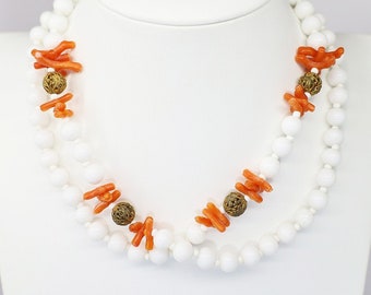 Vintage Signed Miriam Haskell Milk Glass, Branch Coral & Gilt Brass Beaded Necklace