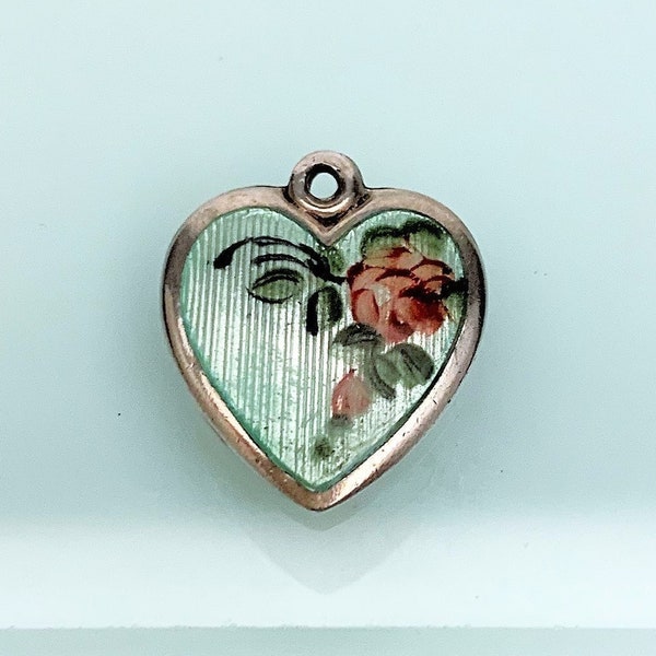 Vintage Walter Lampl Sterling Silver & Mint Green Guilloche Enamel Puffy Heart Charm
