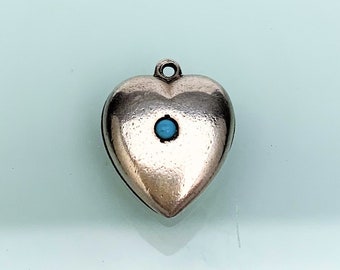 Antique Sterling Silver Puffy Heart Charm with Small Turquoise Cabochon