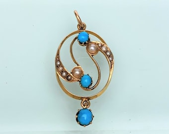 Antique Edwardian Era Art Nouveau 14k Yellow Gold, Seed Pearl & Turquoise Lavalier Pendant