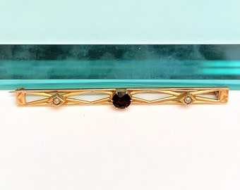 Late Edwardian Era 10K Gold, Garnet & Seed Pearl Bar Brooch by Ostby Barton