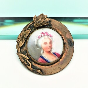 Art Nouveau Era Hand Painted Porcelain Cameo Brooch with Brass Water Lily Frame image 1