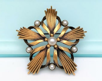 Vintage 1950's Tortolani Modernist Star Brooch with Faux Pearl Accents
