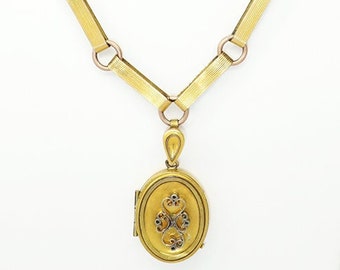 Antique Victorian Era Gold Filled Memento Mori Locket Necklace with Woven Hair