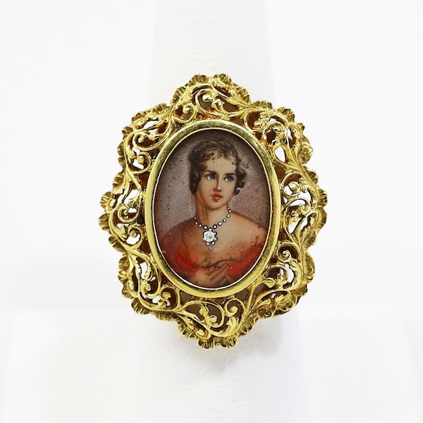 Vintage Mid Century Corletto 18k Gold, Hand Painted Portrait & Diamond Statement Ring