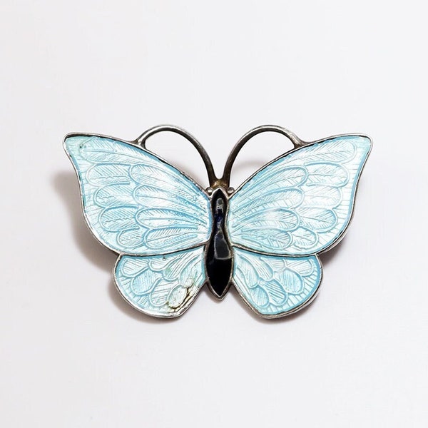 Vintage Volmer Bahner, Denmark Sterling Silver with Pale Blue & Black Guilloche Enameled Butterfly Brooch