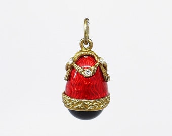 Vintage Gilt Sterling Silver, Red & Black Guilloche Enamel and Rhinestone Fabergé Style Egg Charm/Pendant