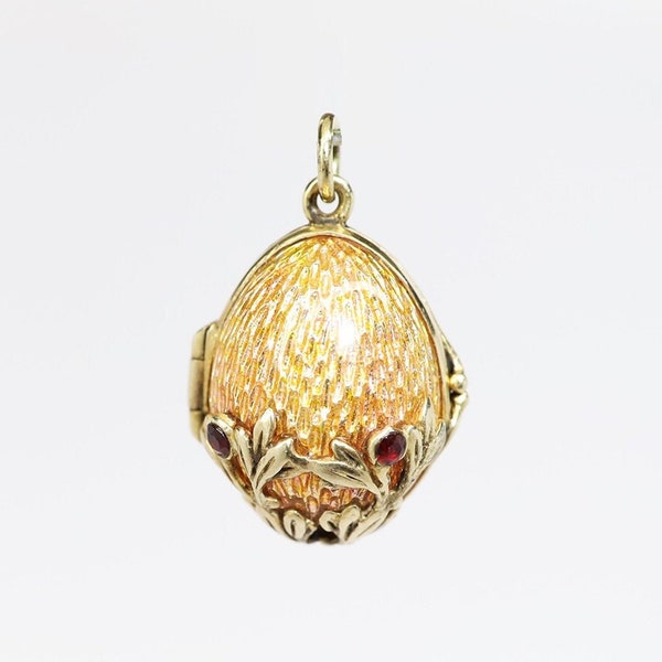 Vintage .835 Gilt Silver, Pink Guilloche Enamel & Garnet Fabergé Style Egg Pendant/Locket