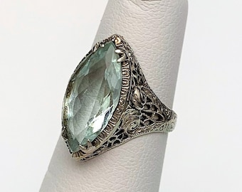 Vintage Art Deco Era 14k White Gold Filigree Ring with Marquise Cut Aquamarine