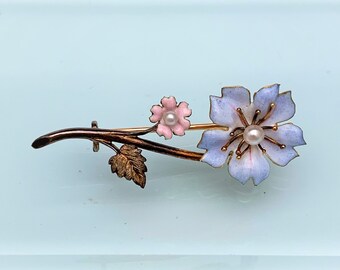 Antique Late 19th Century French 18k Gold, Pearl & Pink and Blue Enamel Flower Brooch