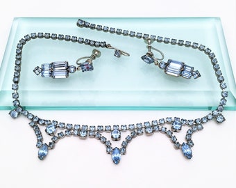 Vintage Signed Weiss 3 Piece Necklace & Screw Back Earrings Set in Pale Blue Rhinestones, ca. 1950's