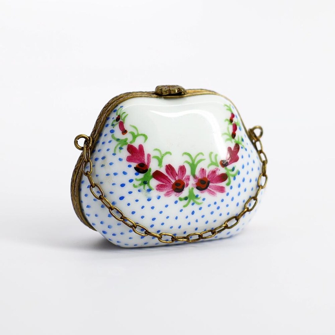 Retired Limoges, France Porcelain Purse Trinket Box With Floral