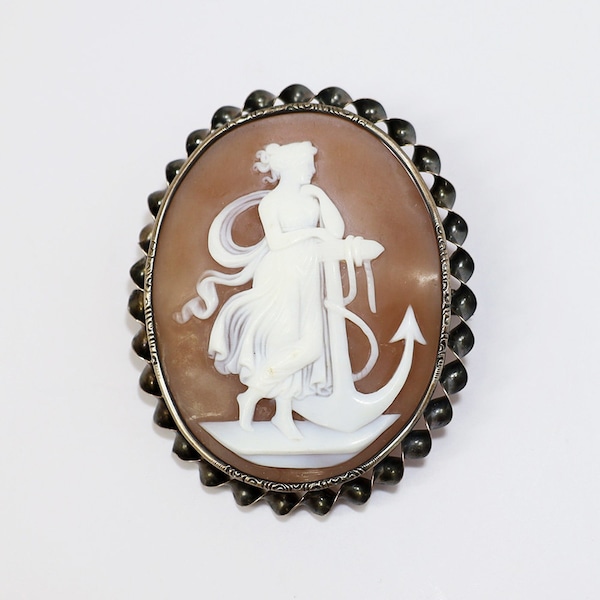 Rare Victorian Era 14k Gold & Carved Shell Cameo Brooch/Pendant with Woman and Anchor