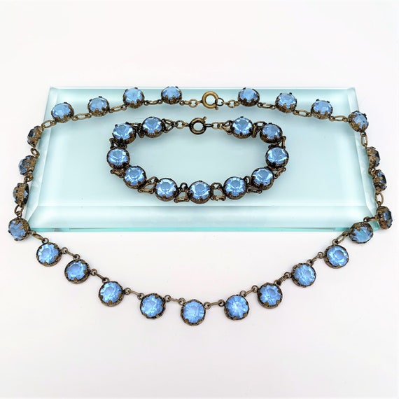 Vintage Pale Blue Czech Glass in Brass Necklace &… - image 1