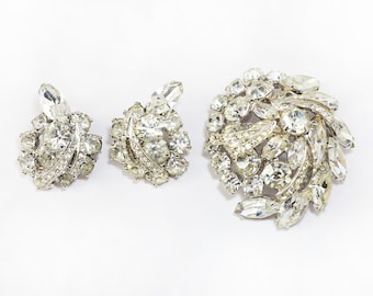 Vintage Weiss Clear Rhinestone Brooch & Clip-On Earring Set