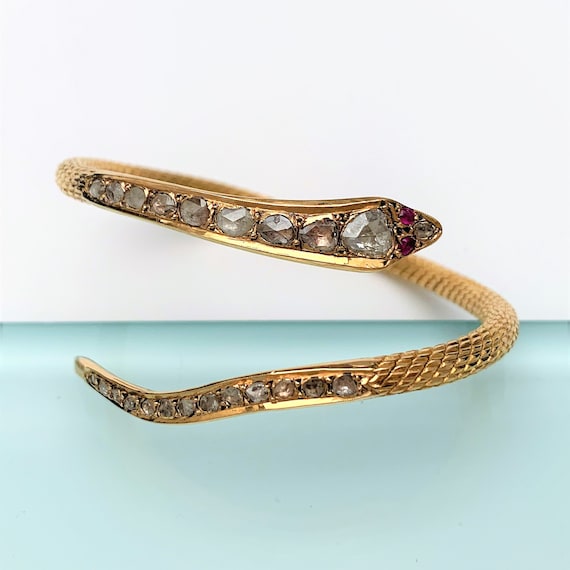 Antique 22k Gold, Rose Cut Diamond & Ruby Snake B… - image 3