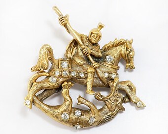 Vintage St George Slaying the Dragon Gold Medallion Brooch - Alva 