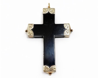 Victorian 10k Gold & Whitby Jet Mourning Cross Pendant