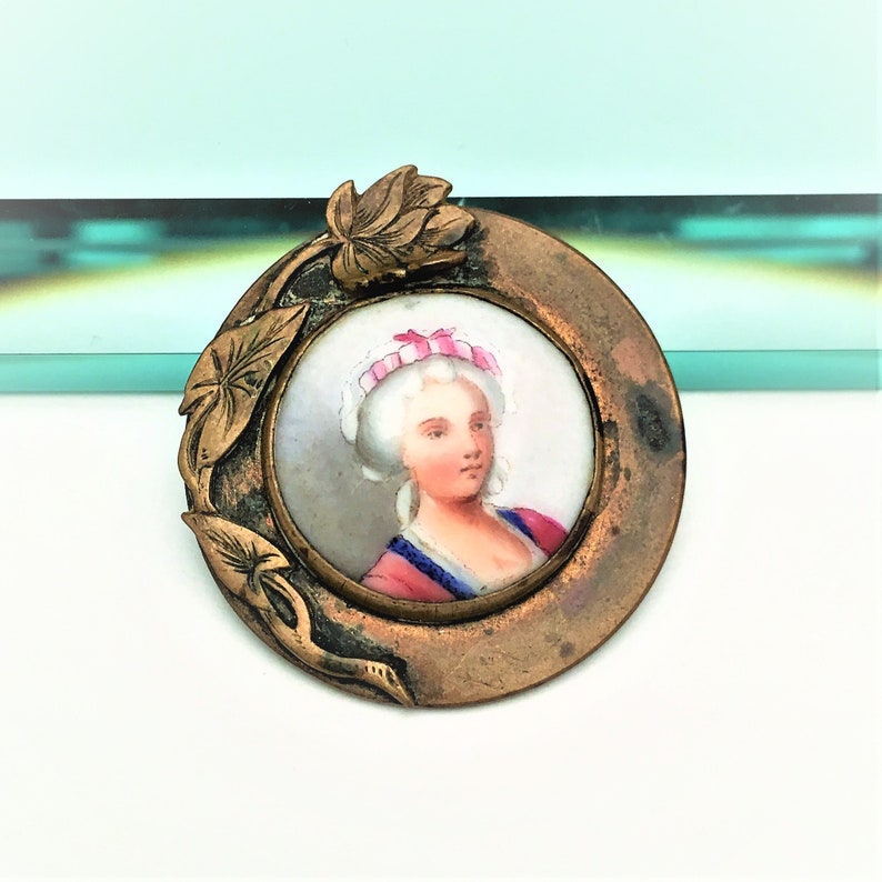 Art Nouveau Era Hand Painted Porcelain Cameo Brooch with Brass Water Lily Frame image 1