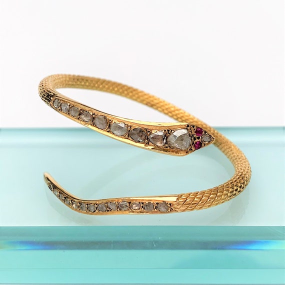 Antique 22k Gold, Rose Cut Diamond & Ruby Snake B… - image 2