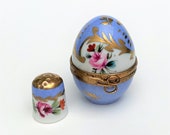 Vintage Rochard Limoges Porcelain Floral Egg Trinket Box with Matching Thimble
