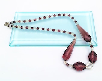 Art Deco Era Faceted Amethyst Purple & Clear Blue Czech Glass Necklace