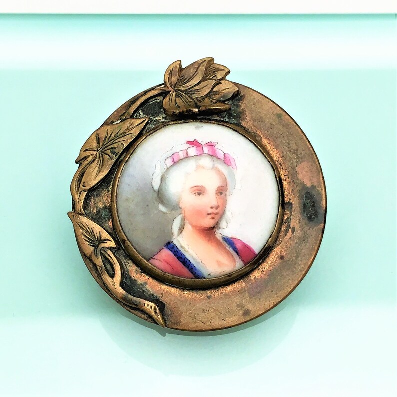 Art Nouveau Era Hand Painted Porcelain Cameo Brooch with Brass Water Lily Frame image 2