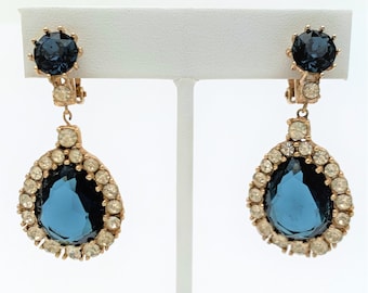 Vintage Signed Ciner Clear & Sapphire Blue Rhinestone Teardrop Dangle Clip-On Earrings