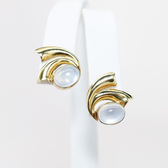 1940's 14k Gold & Moonstone Cabochon Earrings - image 1