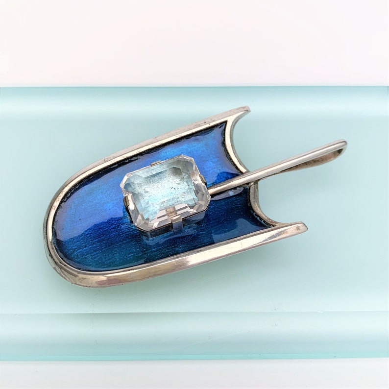 Mid Century Modernist 'Uni' Series Sterling Silver, Blue Enamel & Faceted Crystal Pendant by David Andersen, Norway image 2