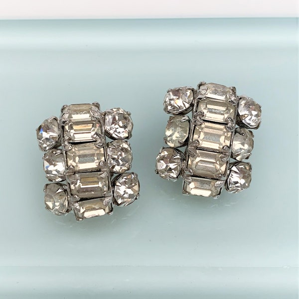 Vintage 1950's-1960's Signed Eisenberg Clear Rhinestone Clip-On Earrings