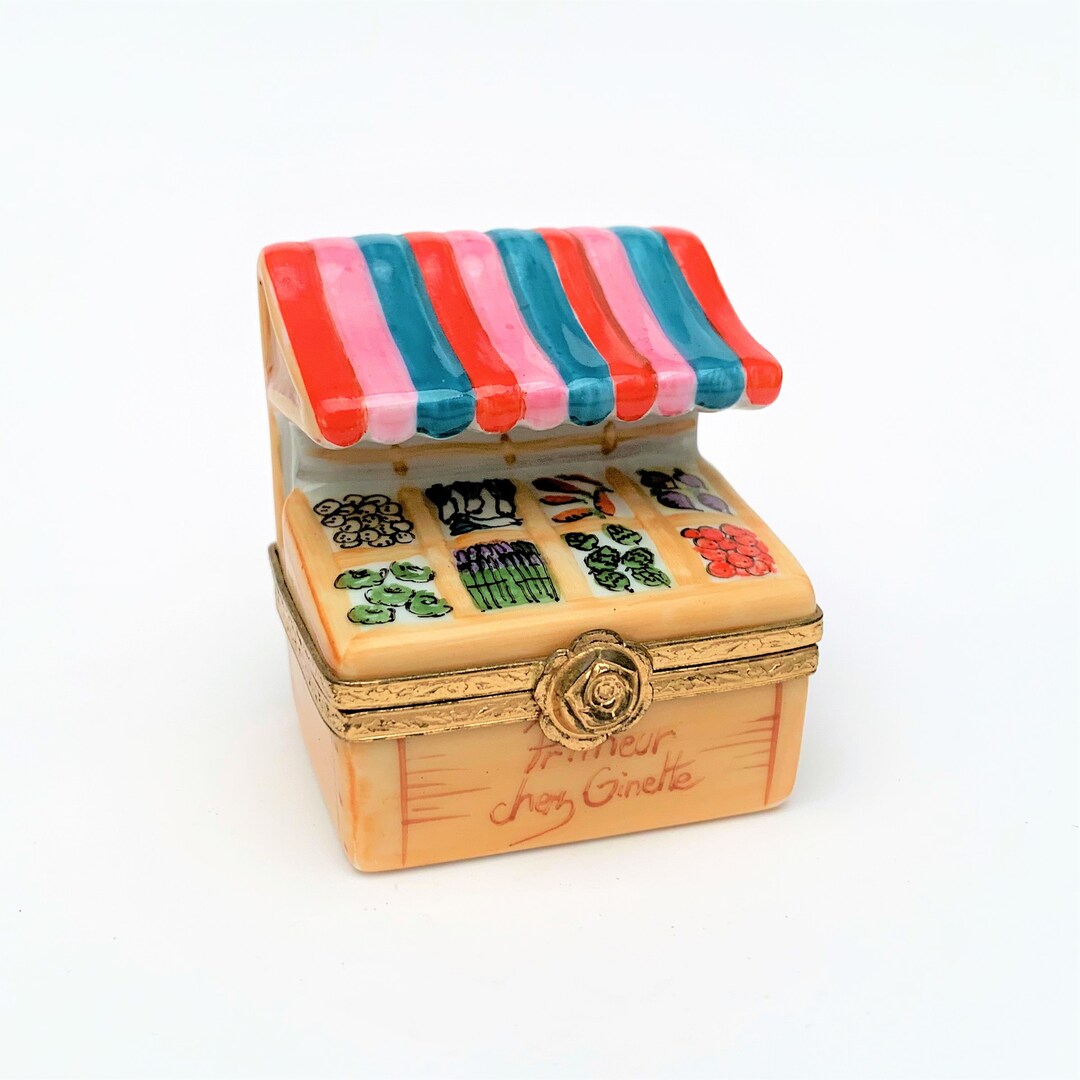 Retired Limoges, France Porcelain Market Vegetable Stall Trinket