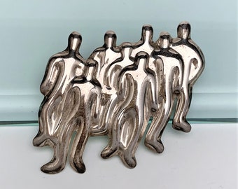 Vintage Mid Century Modernist Taxco Sterling Silver Group of People/Crowd Brooch
